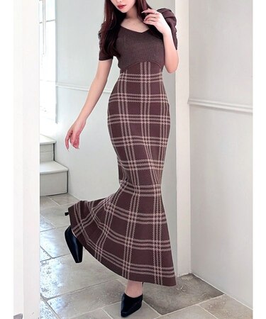 チェックマーメイドニットワンピース