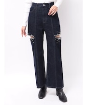 サイドカットアウトパールビジューデニムストレートパンツ