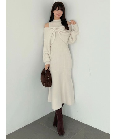 リボンデザインカーデセットニットワンピース