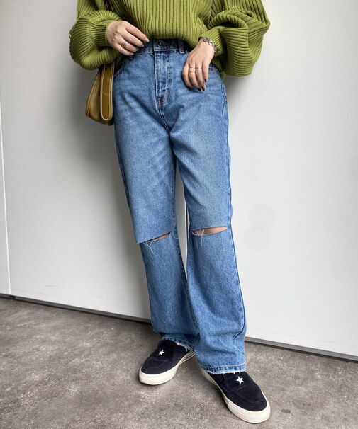 後ろ刺繍カットオフデニムパンツ