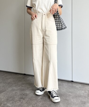 膝ステッチ切替フレアツイルパンツ