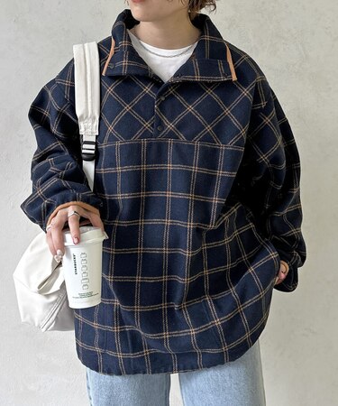 起毛チェックスタンドネックスナッププルオーバー