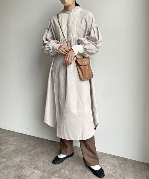 袖×ブザムリブ切替配色シャツワンピース