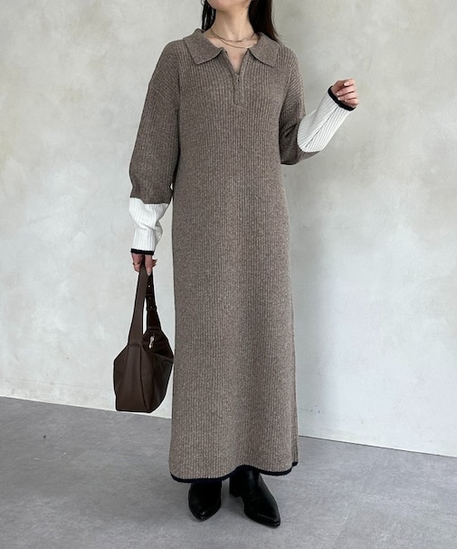 袖先配色ハーフジップニットワンピース
