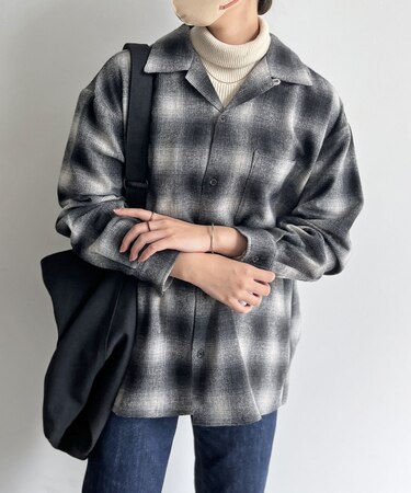 【ユニセックス】起毛オンブレチェック開襟シャツ