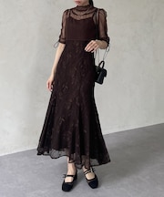 【オケージョン】シアーブラウス×フラワーレースキャミワンピース