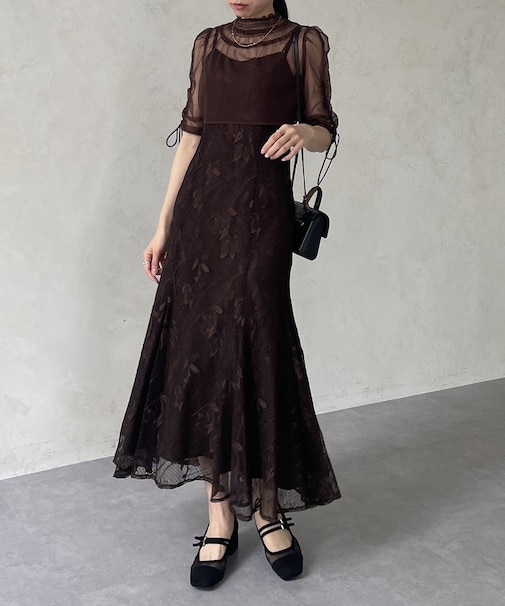 【オケージョン】シアーブラウス×フラワーレースキャミワンピース