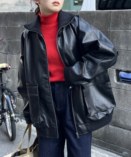 フェイクレザースタンドリブジャケット