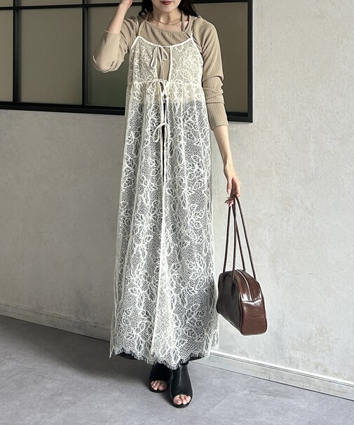 リーフパターンレースリボンキャミワンピース