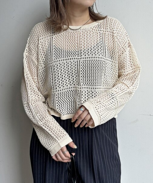 パッチワーク配色リボンメッシュニット