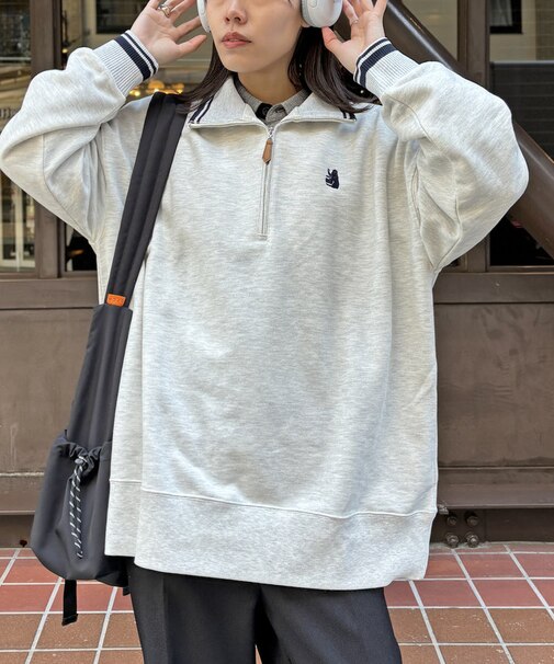 クマ刺繍ラインハーフジップ裏毛プルオーバー