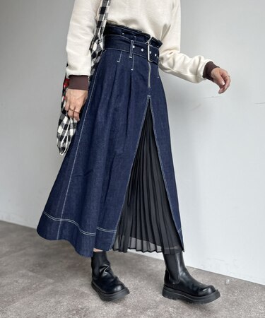 ベルト付きシフォンプリーツ切替スカート
