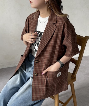 シアサッカーチェック半袖テーラードジャケット