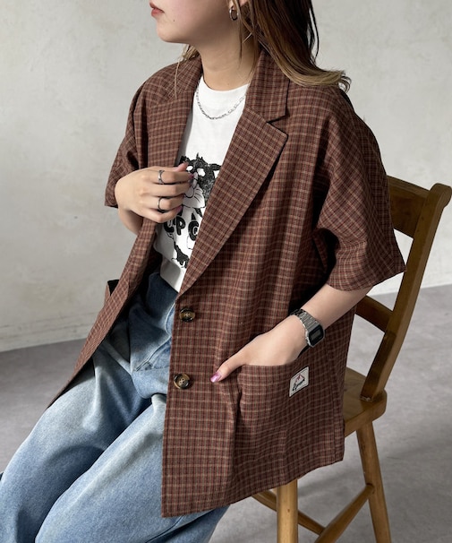 シアサッカーチェック半袖テーラードジャケット