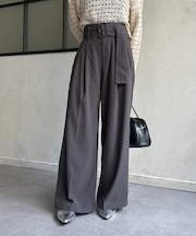 【全骨格細見え】ベルト付きハイウエストタックパンツ