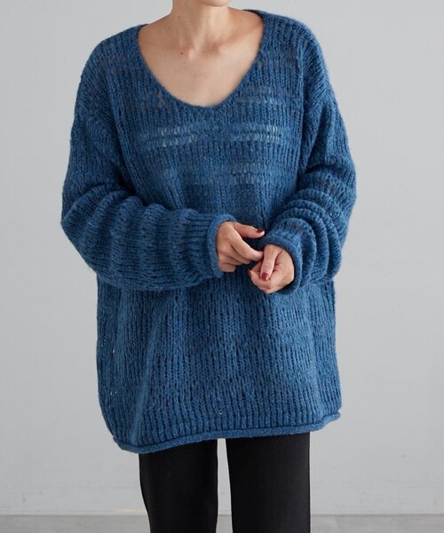 nest Robe ラッセルボーダースクエアプルオーバー　かぐれ　ヴェリテクール crepuscule Light Moss Stitch Half Zip Pullover Black