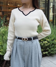 バイカラーキーネックリブニット