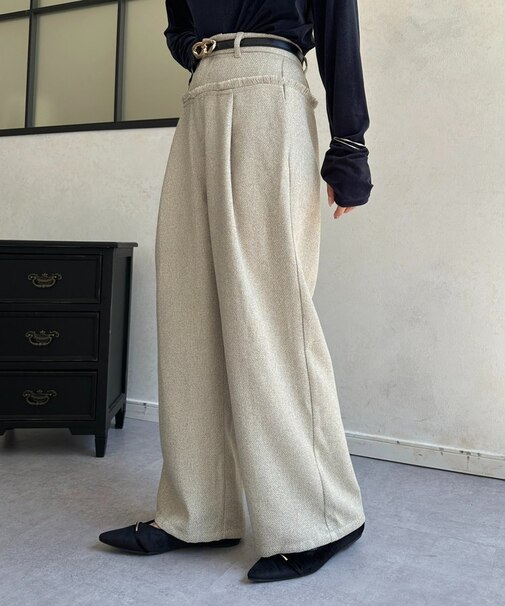 ツイード切替フリンジタックパンツ