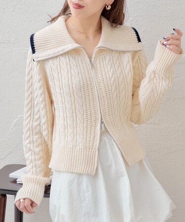 【Chico】ダブルジップケーブル襟ルーズニット