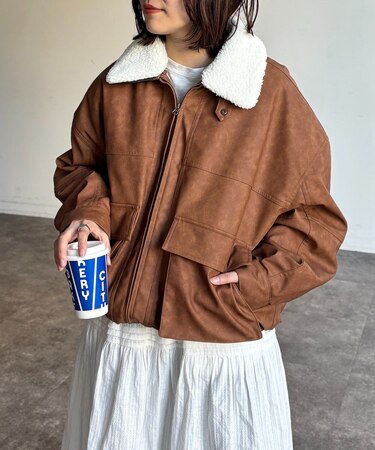 襟ボア合皮中綿ビッグジャケット