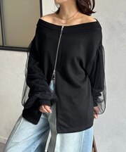 袖チュールWジップ裏毛プルオーバー
