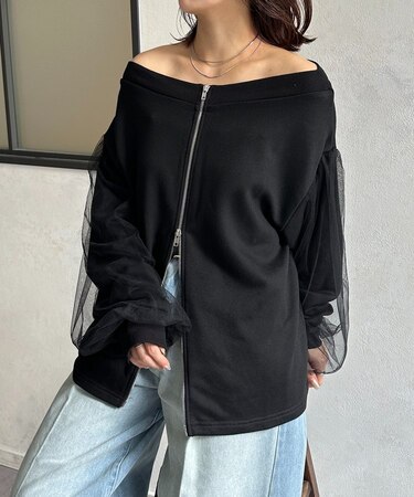 袖チュールWジップ裏毛プルオーバー