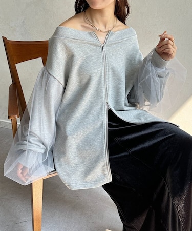 袖チュールWジップ裏毛プルオーバー