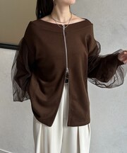 袖チュールWジップ裏毛プルオーバー