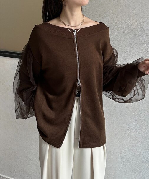 袖チュールWジップ裏毛プルオーバー