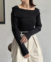 オフショル風スクエアリブニット