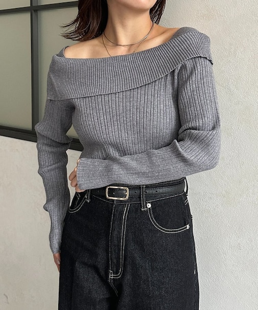 オフショル風スクエアリブニット