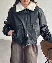 襟ボアレザーショートジャケット