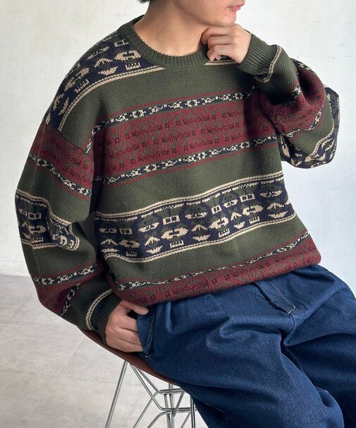 レトロボーダージャガードニットプルオーバー