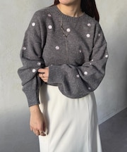 フラワー刺繍ショートニット