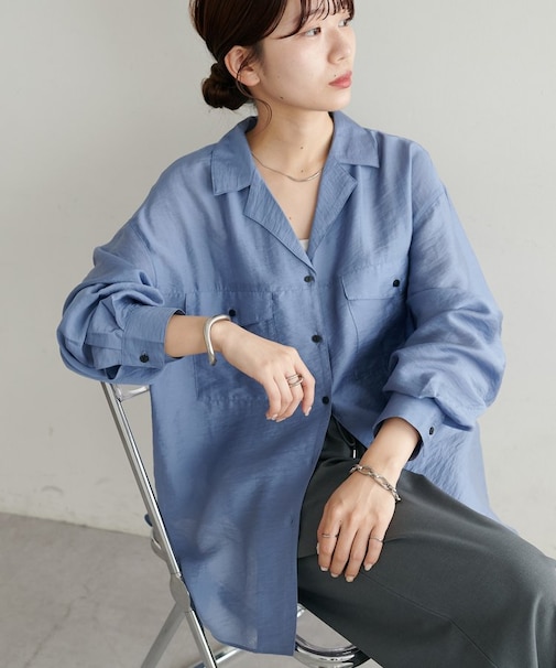 【Discoat】シアー黒釦開襟シャツ