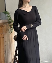 ドレープネックリブ切替ニットワンピース