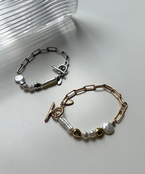 チェーン×変形パールブレスレット
