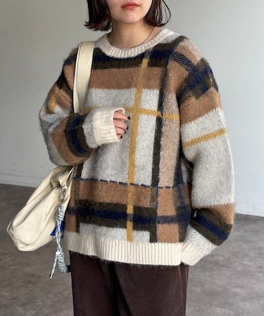 チェックシャギーステッチニット