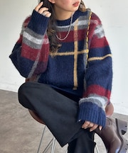 チェックシャギーステッチニット