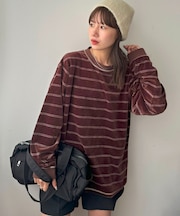 【Discoat】【ユニセックス】ベロアボーダークルーネック