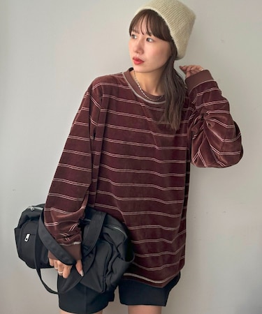 【Discoat】【ユニセックス】ベロアボーダークルーネック