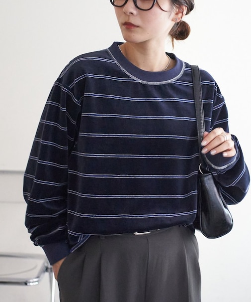 【Discoat】【ユニセックス】ベロアボーダークルーネック