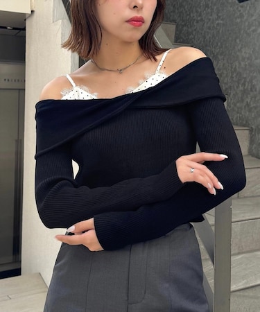 【Chico】長袖レイヤードオフショルニット