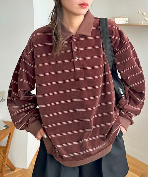 【Discoat】【ユニセックス】ベロアボーダーポロ