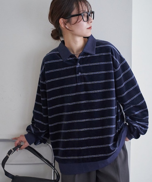 【Discoat】【ユニセックス】ベロアボーダーポロ