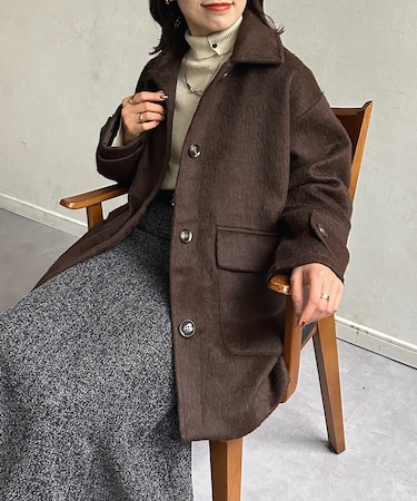 ステンカラーシャギーミドルコート