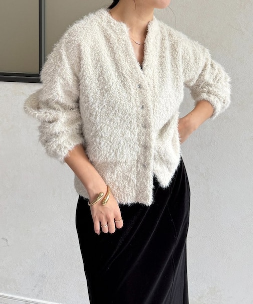 キーネックカットシャギーカーディガン