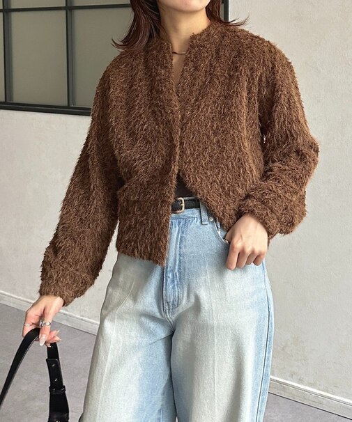 キーネックカットシャギーカーディガン