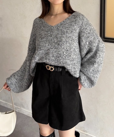 VネックMIXショートニット