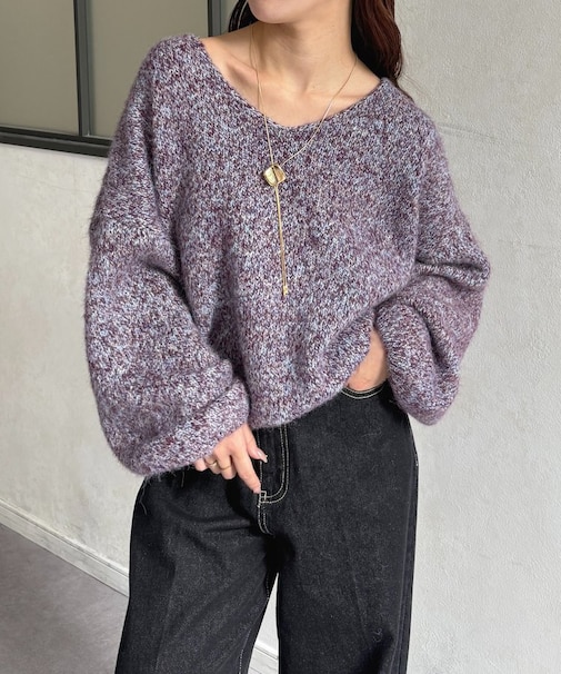 VネックMIXショートニット